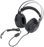 Black over-ear headphones with a cable on a white background