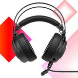 Black gaming headset on a colorful geometric background