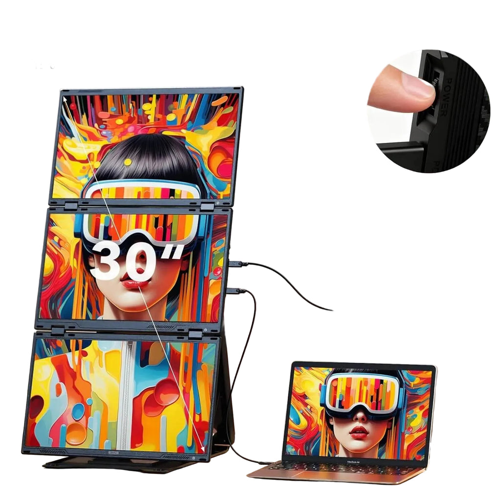 V2COM Z4 Pro Quad Laptop Screen Extender 15.6" FHD 1080P Triple Portable Monitors One-Button Combine to 30" Wide Display One Cable Connection with Driver